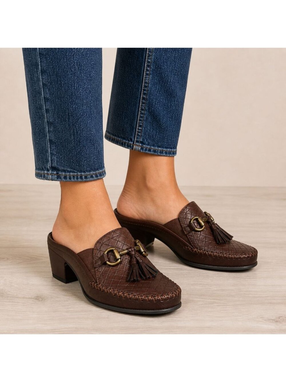 Rialto Womens Santana Mule Brown Faux Leather Horsebit Tassel 2" Heel Size 7.5M